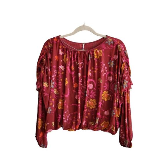 Free People Size Small Wildflower Honey Berry Floral Boho‎ Balloon Sleeve Blouse - Picture 2 of 12